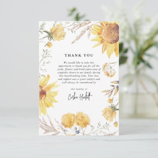 Sympathie voor de nazomer zonnebloem bedankkaart (Staand voorkant)