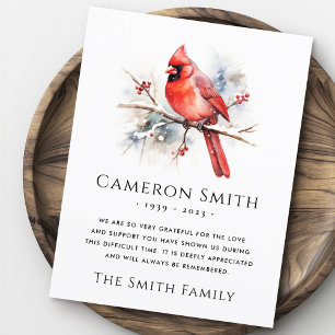 Sympathie voor kardinale begrafenis rode waterverf bedankkaart