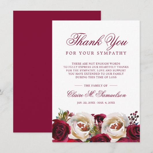 Sympathie Waterverf Bloemen Bourgondië Begrafenis Bedankkaart (Voorkant / Achterkant)