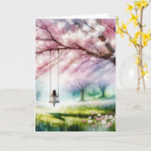 Sympathie Waterverf Meisje op een schommel Kaart (Gele Bloem)