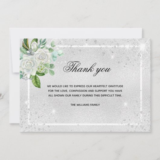 Sympathie zilveren glitter floral foto bedankt (Voorkant)