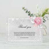 Sympathie zilveren glitter roze foto bedankkaart (Staand voorkant)