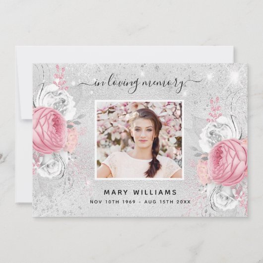 Sympathie zilveren glitter roze foto bedankkaart (Achterkant)