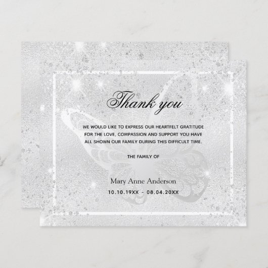 Sympathie zilveren vlinder bedankkaart (Voorkant / Achterkant)