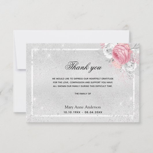 Sympathie zilverroze flroze dank u bedankkaart (Voorkant)
