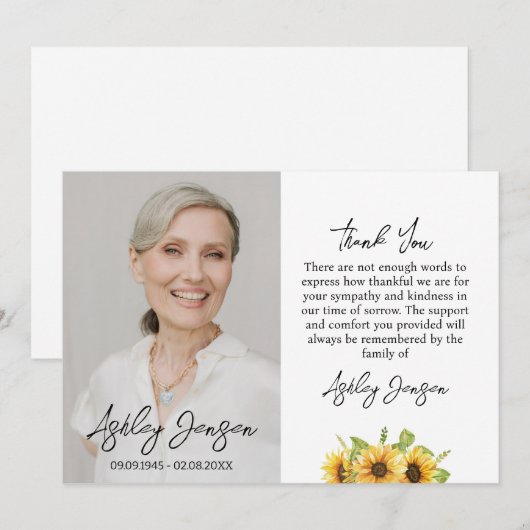 Sympathie Zonnebloem Foto Begrafenis Dank u kaart (Voorkant / Achterkant)