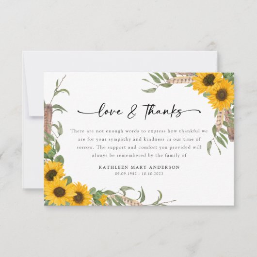 Sympathie Zonnebloemen begrafenis Bedankkaart (Voorkant)