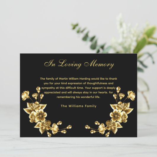 Sympathie zwart goud bloemenbudget dank u foto bedankkaart (Staand voorkant)