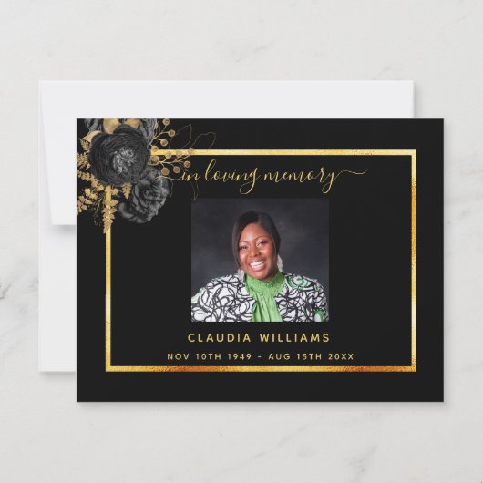 Sympathie zwart goud bloemenfoto dank je kaart (Voorkant)