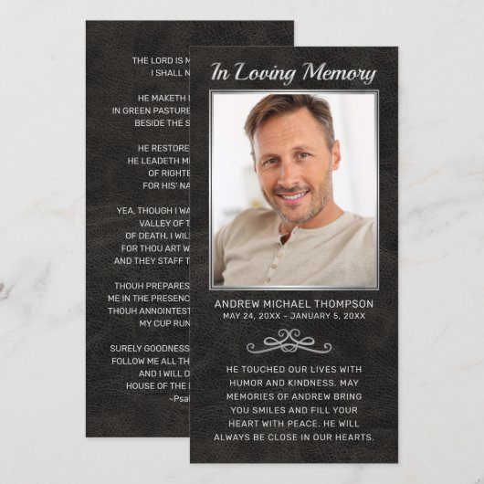 Sympathie Zwart Leer Zilver Foto Begrafenisgebed (Voorkant / Achterkant)