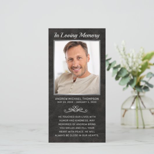 Sympathie Zwart Leer Zilver Foto Begrafenisgebed (Staand voorkant)