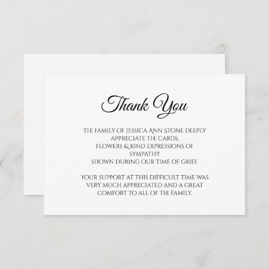 Sympathie Zwart Script Eenvoudige begrafenis Dank  Kaart (Voorkant / Achterkant)