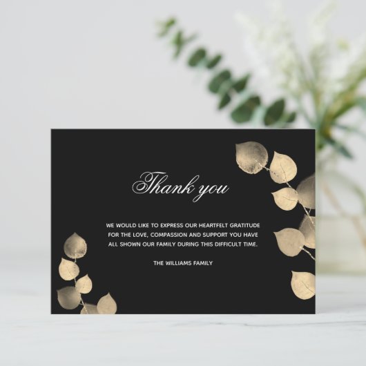 Sympathie zwarte gouden eucalyptus foto bedankkaart (Staand voorkant)