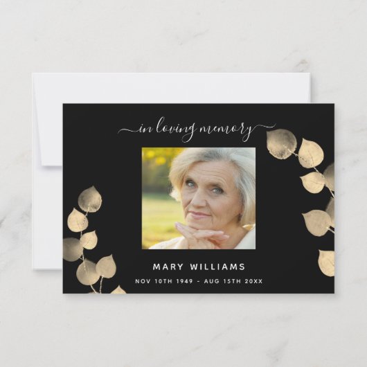 Sympathie zwarte gouden eucalyptus foto bedankkaart (Achterkant)