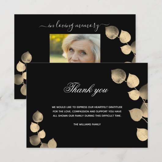 Sympathie zwarte gouden eucalyptus foto bedankkaart (Voorkant / Achterkant)