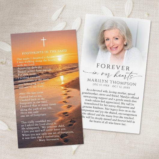 Sympathy Footprints In The Sand Photo Prayer Card Visitekaartje