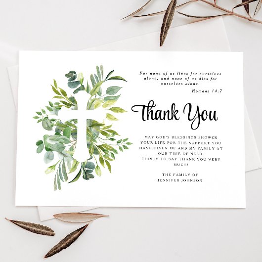 Sympathy Greenery Cross Begrafenis Bedankkaart