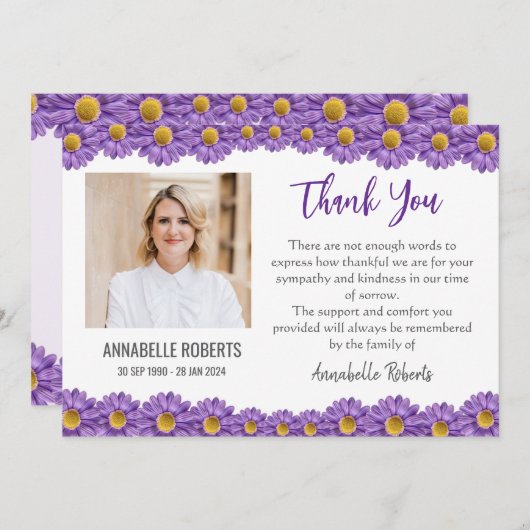 Sympathy Purple Gerberas Funeral Bedankkaart (Voorkant / Achterkant)