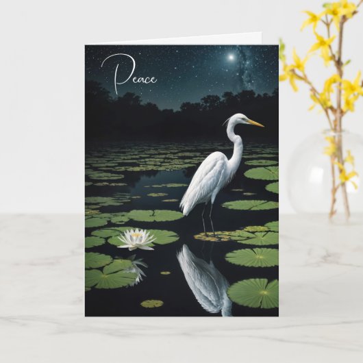 Sympathy White Egret op Water Lily Pad Kaart (Gele Bloem)