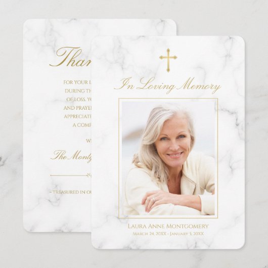 Sympathy White Marble Gold Script Fotobegrafenis Bedankkaart (Voorkant / Achterkant)