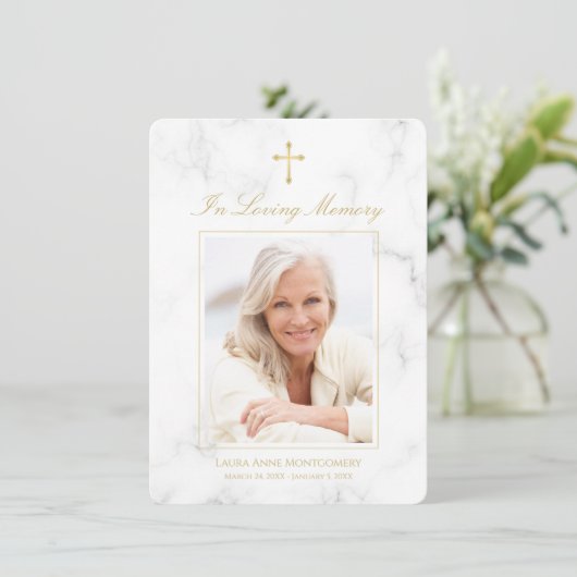 Sympathy White Marble Gold Script Fotobegrafenis Bedankkaart (Staand voorkant)