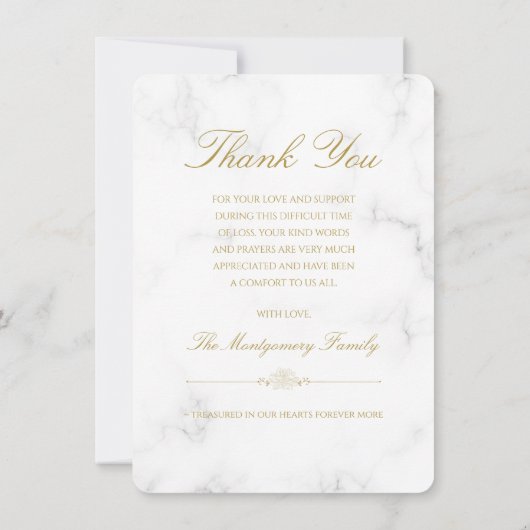 Sympathy White Marble Gold Script Fotobegrafenis Bedankkaart (Achterkant)