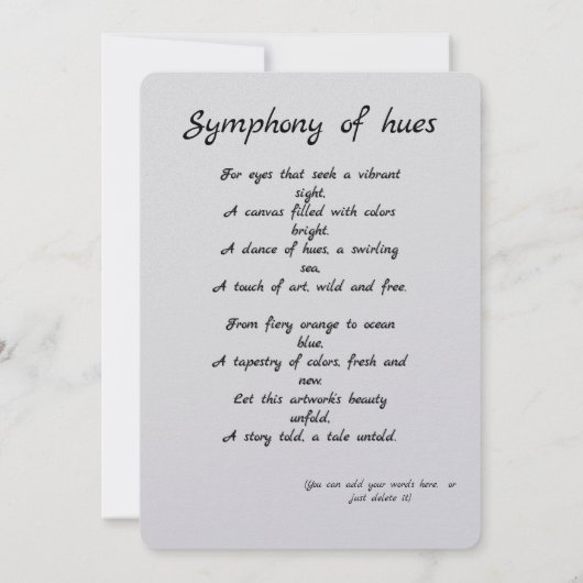 "Symphony of hues" Kleurrijke cadeaubon + Gedicht. (Achterkant)