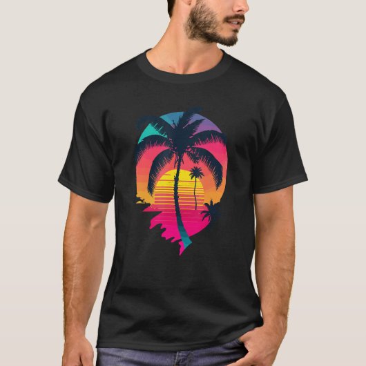Synth Eiland Zonsondergang Synthwave Esthetiek Pal T-shirt (Voorkant)