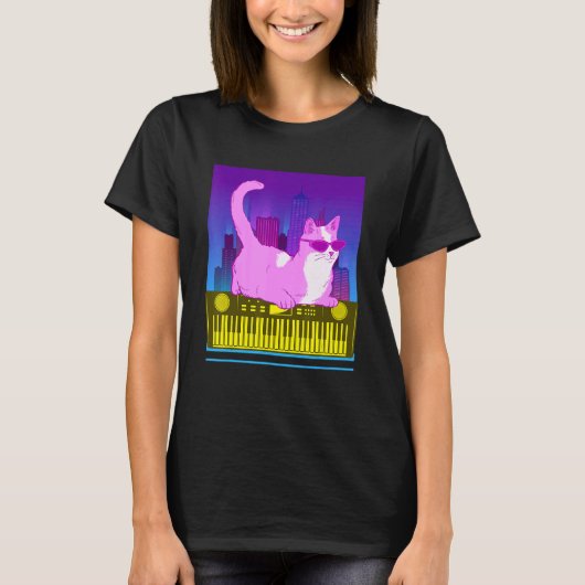  Synthesizer Cat Retro Synth Vaporwave Keyboard T-shirt (Voorkant)