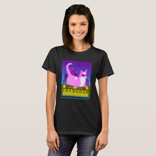  Synthesizer Cat Retro Synth Vaporwave Keyboard T-shirt (Voorkant volledig)