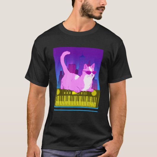  Synthesizer Cat Retro Synth Vaporwave Keyboard T-shirt (Voorkant)