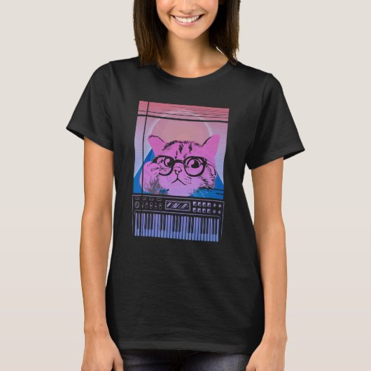 Synthesizer Cat Retro Synth Vaporwave Keyboard T-shirt (Voorkant)