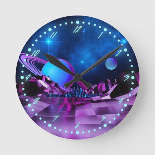 Synthwave 1980's Retro Space Time Wall Clock Ronde Klok (Voorkant)