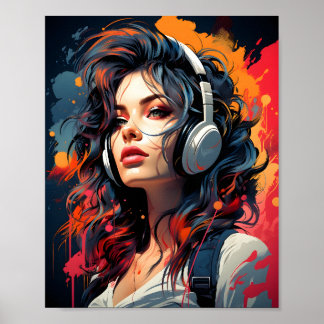 Synthwave Art Nouveau Punk MEISJE luisteren naar m Poster