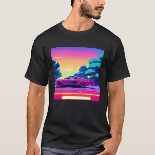 Synthwave car outrun retrowave futuresynth sci fi  t-shirt (Voorkant)