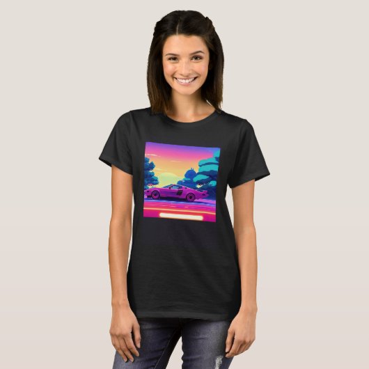 Synthwave car outrun retrowave futuresynth sci fi  t-shirt (Voorkant volledig)