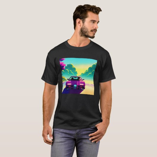 Synthwave car outrun retrowave futuresynth sci fi  t-shirt (Voorkant volledig)