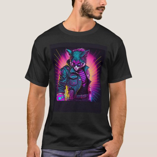 Synthwave Cat Retro 80s Vibe T-shirt (Voorkant)