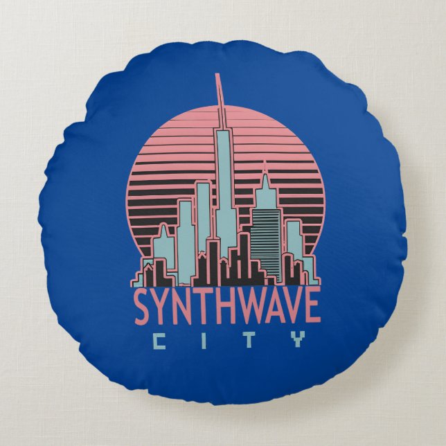 Synthwave City Sierkussen Rond Kussen (Voorkant)