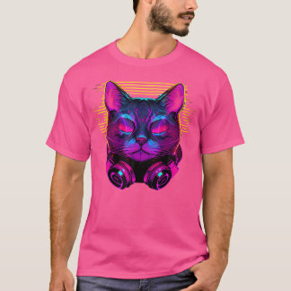Synthwave Cyberdelic 80S Cat DJ Hoofdtelefoon Cybe T-shirt