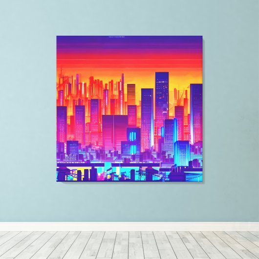 Synthwave/Cyberpunk City op Sunset Canvas Afdruk (Insitu (Houten vloer))