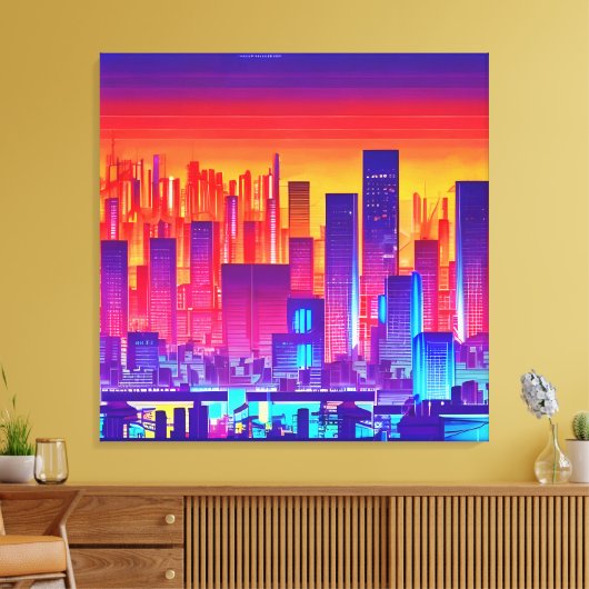 Synthwave/Cyberpunk City op Sunset Canvas Afdruk (Insitu (Woonkamer))