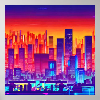 Synthwave/Cyberpunk City op Sunset Poster