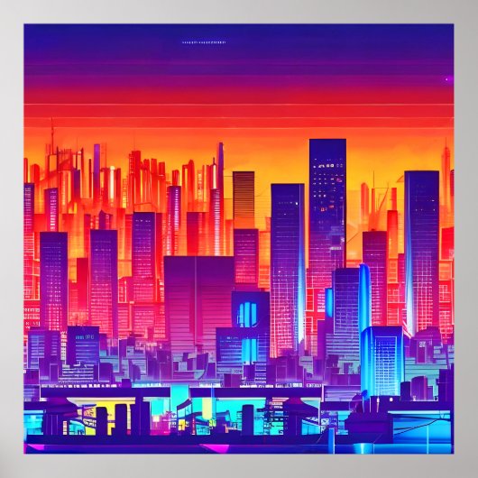 Synthwave/Cyberpunk City op Sunset Poster (Voorkant)