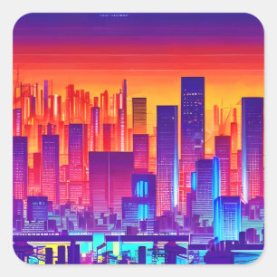 Synthwave/Cyberpunk City op Sunset Vierkante Sticker