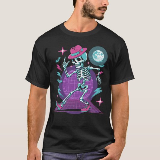 Synthwave Dancing Skeleton Retro 80s Halloween T-shirt (Voorkant)