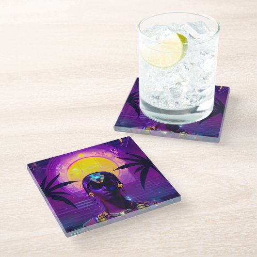 Synthwave Farao Glazen Onderzetter (Schuin)