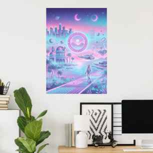 Synthwave Futuristische Stad Poster Neon Sci-Fi