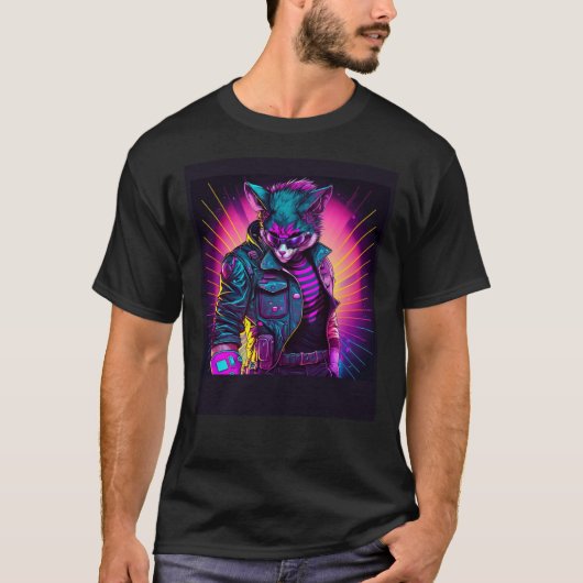 Synthwave Kat Retro 80s Sfeer T-shirt (Voorkant)