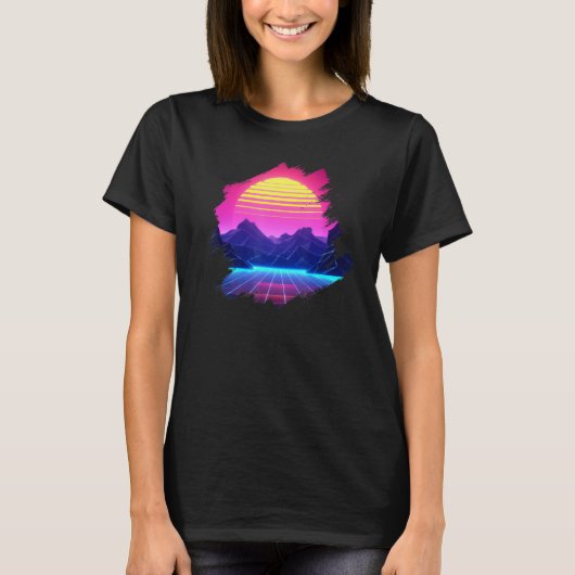 Synthwave Landscape Sunset Over Canyon & Grid Moun T-shirt (Voorkant)